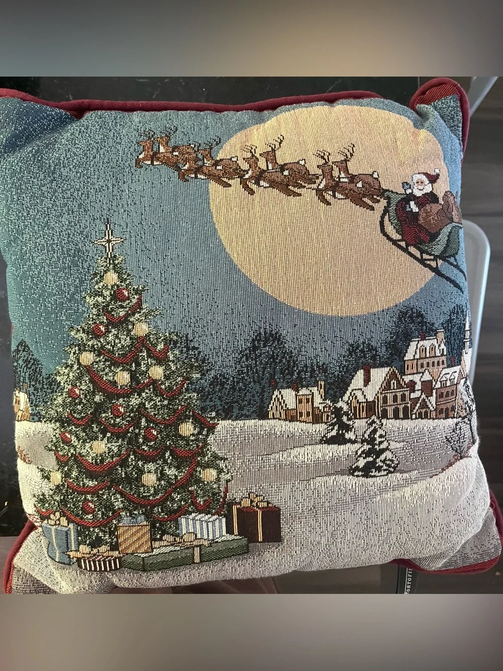 Portobello vintage Christmas Tapestry Throw Pillow Santa Winter Village 18”